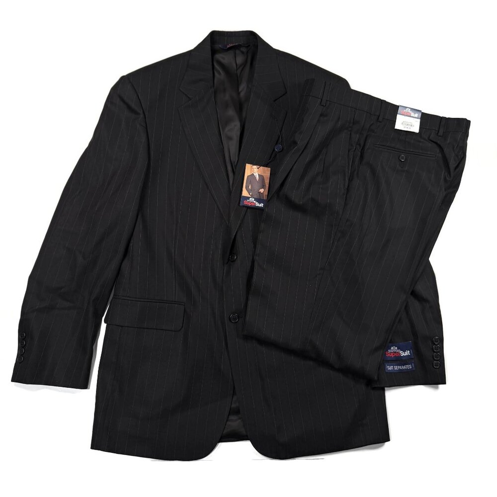 Stafford Super Suit 2 Piece 40L Jacket 32 x 32 Pants Black Pinstripe‎ Wool NWT